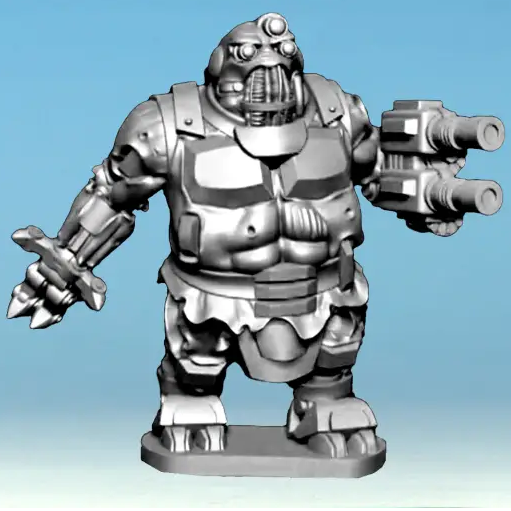 A metal figure of a grotesque humanoid robot with exposed fleshy bits, designed for Stargrave tabletop gaming, showcasing a towering presence.