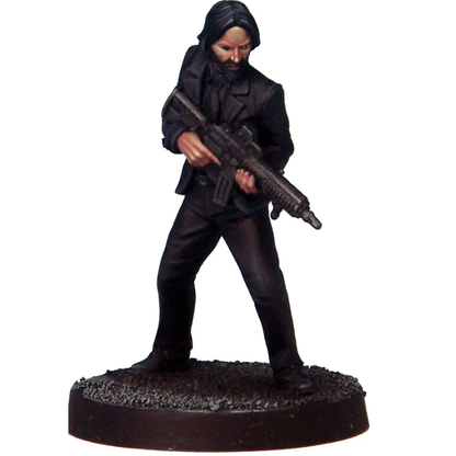 Avenging Assassin by Crooked Dice, a white metal 28mm scale miniature for your tabletop games representing a man hell bent on revenge wearing a suit and carrying a gun