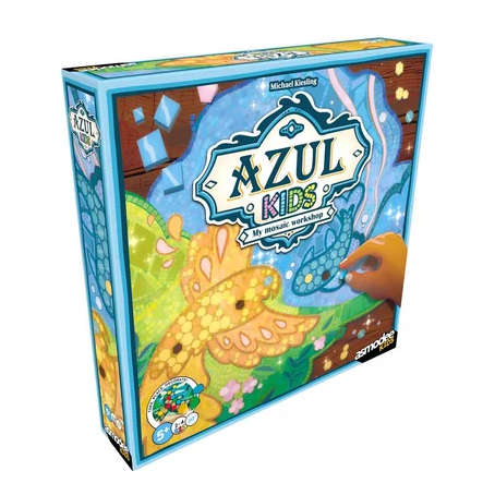 Box for the board game Azul Kids: My creative workshop by Asmodeus Games, featuring a colorful illustration of a blue fish and a yellow-orange bird on a white background. Azul Kids board game with mosaic pieces bowls fabric bag and Mosaic Trays