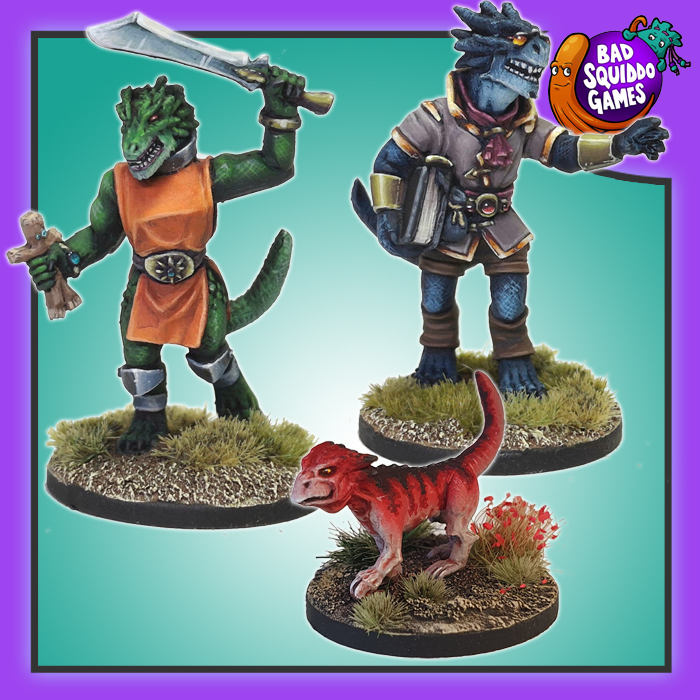 Three fantasy figurines on bases with a gradient background and 'Bad Squiddo Games' logo.