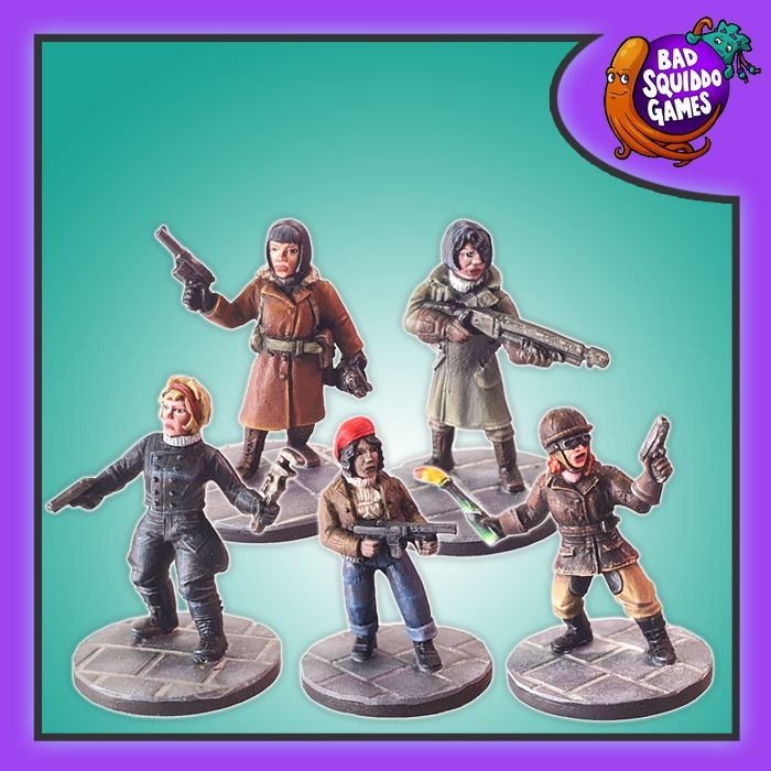 Daring Dames 1920's Biker Gang 28mm metal miniatures by Bad Squiddo Games, unpainted female figures with guns, wrench, and Molotov cocktail for RPG or tabletop