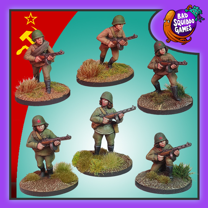 Soviet Infantry with SMG 28mm metal miniatures by Bad Squiddo Games, unpainted WWII figures for RPGs and tabletop wargaming