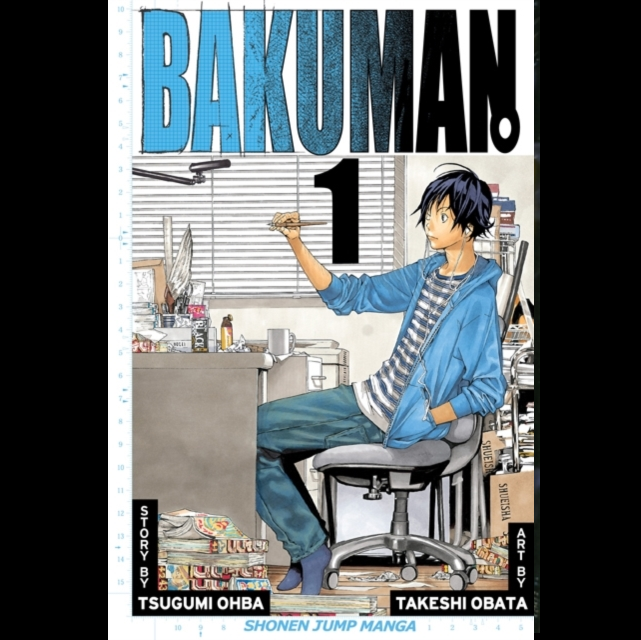 Manga book cover of 'Bakuman!' with a character sitting in an office chair.