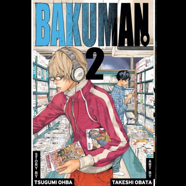 Comic book cover of 'Bakuman' with a character in a store holding comics.