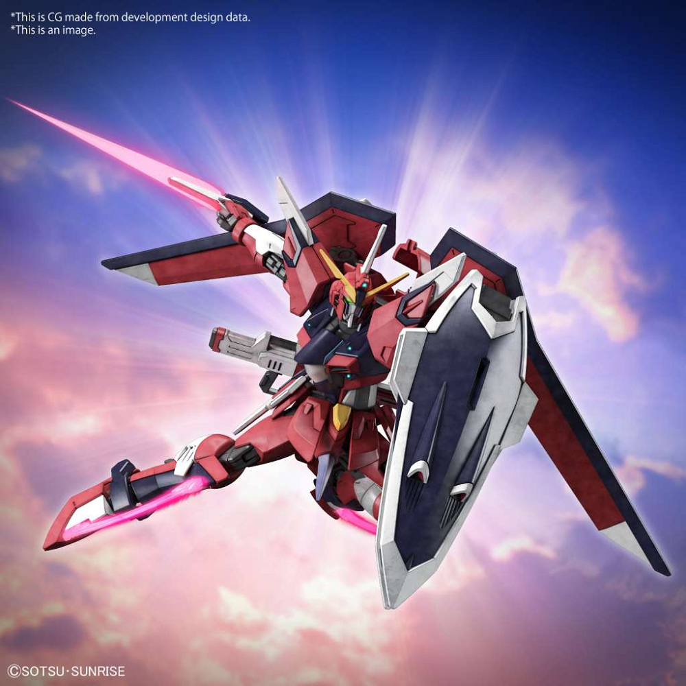 Bandai HG 1/144 Gundam Immortal Justice – Gunpla Model Kit. Red and black robot model with pink energy beam against a colourful sky