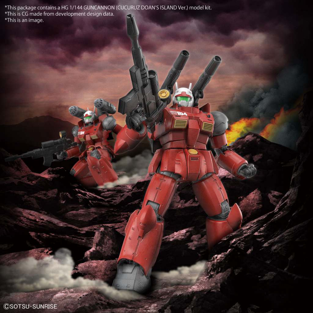 Bandai HG 1/144 RX-77-02 Guncannon (Cucuruz Doan’s Island) – Gunpla Model Kit. Red robot model kit with a dark, mountainous landscape background