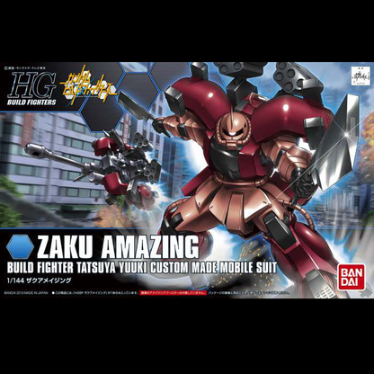 Bandai HG 1/144 Zaku Amazing Gunpla Model Kit. HG 1/144 Zaku Amazing Gunpla from Gundam Build Fighters, Tatsuya Yuuki’s custom mobile suit with posable articulation. Bandai model kit.