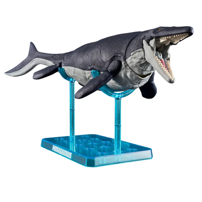 Jurassic Park Mosasaurus model with an open mouth showing teeth, mounted on a transparent blue display stand with the Jurassic Park logo on the base, set against a plain white background.