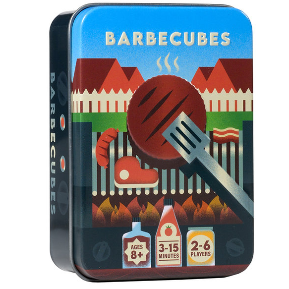 Barbecubes game tin with grill and food illustration on a white background. Barbecubes board game components with tongs and grill pieces for dexterity gameplay