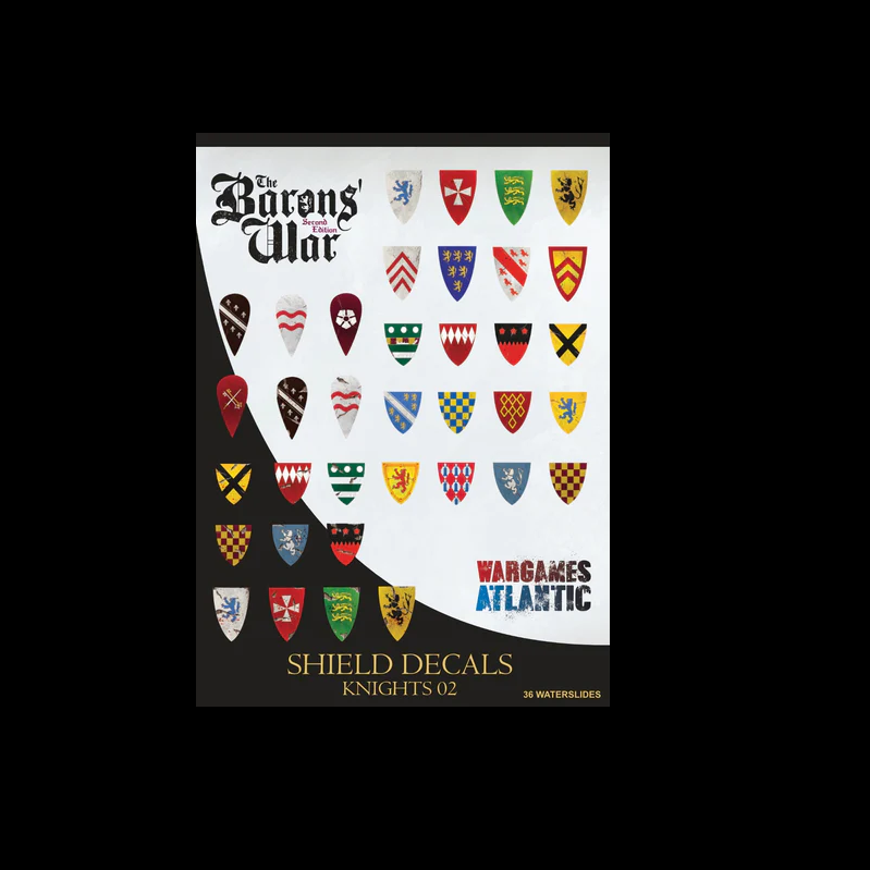 Packaging of shield decals for 'The Barons' War' with various heraldic designs on a black background.