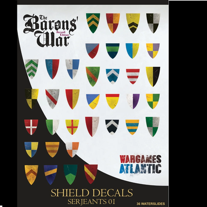 Packaging for 'The Barons' War' shield decals with various colored shields on a white background.