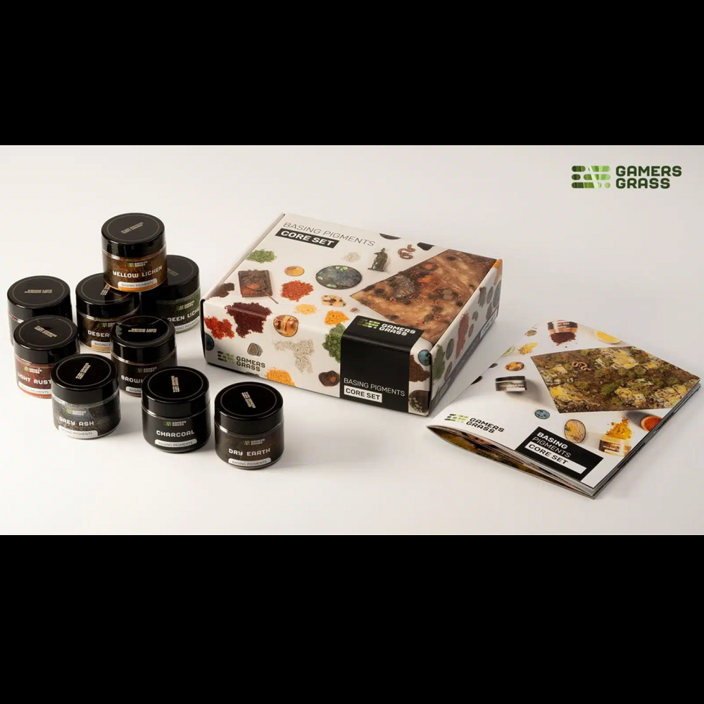 Gamers Grass Basing Pigments Core Set. Contains 9 dry pigments (35ml each) and booklet guide. Perfect for crafting natural decay effects in miniatures and terrain