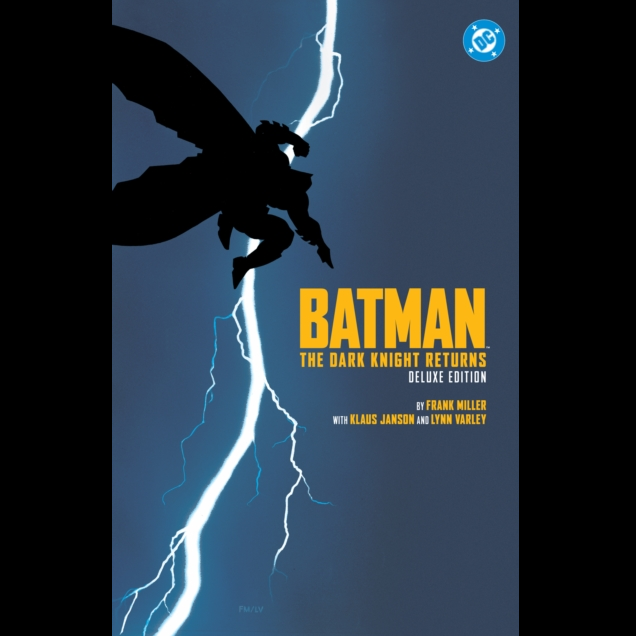 Front cover of the Batman: The Dark Knight Returns Deluxe Edition book, featuring a black bat silhouette against a dark blue background with a bright white lightning bolt and yellow title text. DC logo appears in the top right corner. Batman: The Dark Knight Returns Deluxe Edition hardback graphic novel by Frank Miller and Klaus Janson