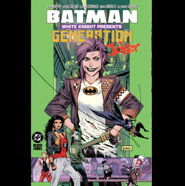 Comic book cover for 'Batman: White Knight Presents Generation Joker' featuring a stylized illustration of Joker in the centre with Batman and other characters below, set against a bright green background. Batman White Knight Presents Generation Joker DC Black Label paperback graphic novel