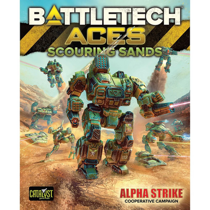 Battletech Aces Scouring Sands game cover with mechs in a desert landscape. BattleTech Aces Scouring Sands Alpha Strike Campaign Expansion