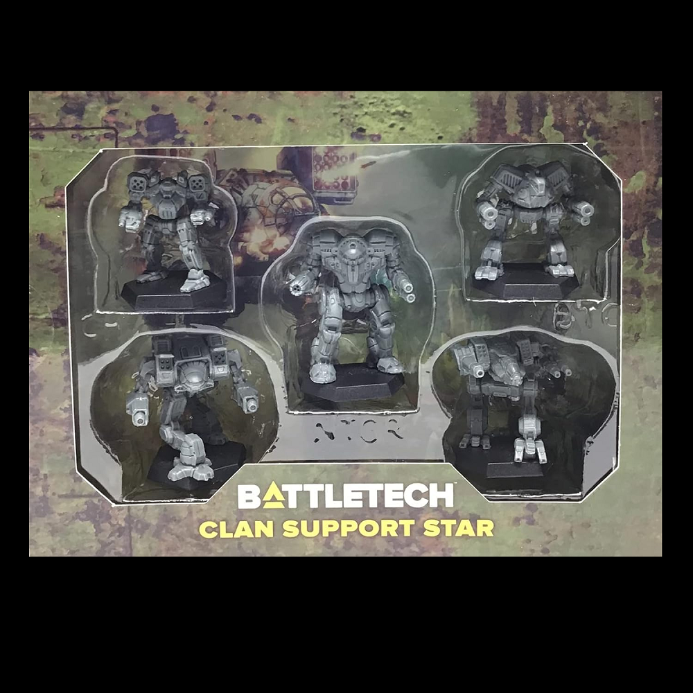 Box of BattleTech Clan Support Star miniatures featuring Night Gyr, Linebacker, Black Lanner, Battle Cobra, and Arctic Cheetah for tabletop gaming.