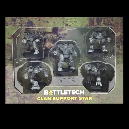 Box of BattleTech Clan Support Star miniatures featuring Night Gyr, Linebacker, Black Lanner, Battle Cobra, and Arctic Cheetah for tabletop gaming.