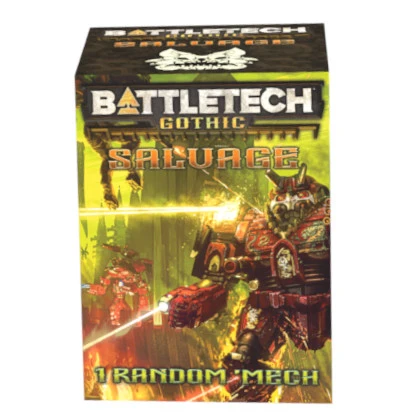 BattleTech Gothic Salvage 1 Random Mech box art, featuring a red armoured mecha robot on a dark green and yellow illustrated background. BattleTech Gothic Salvage Blind Box random assembled unpainted Mech miniature