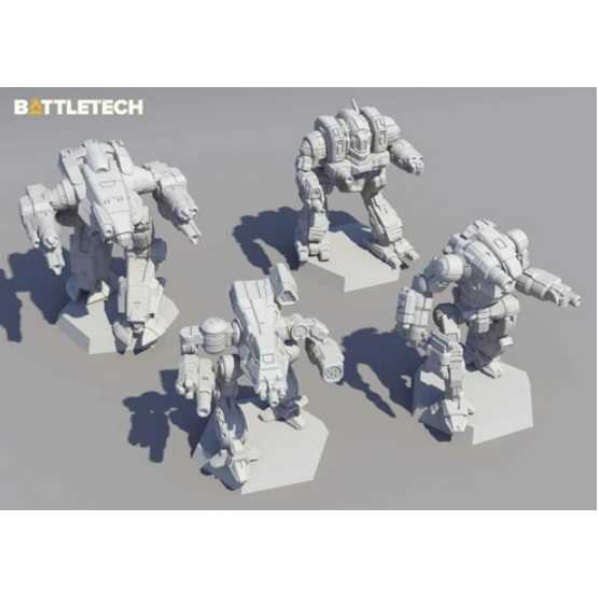 BattleTech Inner Sphere Heavy Battle Lance. Four robot models on a gray background with 'BOTTLETECH' branding.