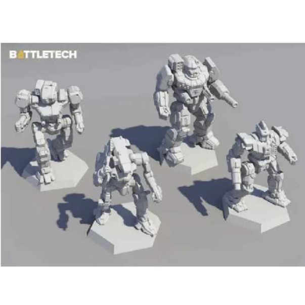 BattleTech Inner Sphere Heavy Lance. Four mecha figures on stands with 'Battletech' branding on a gray background