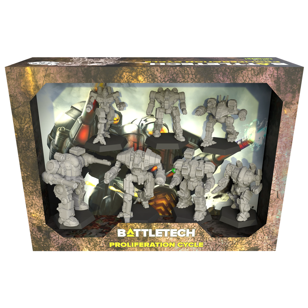 BattleTech Proliferation Cycle ForcePack with seven assembled unpainted BattleMech miniatures