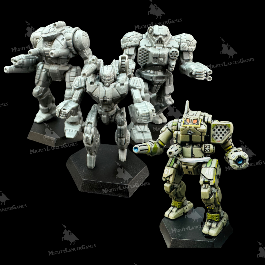 Box of BattleTech Star League Command Lance miniatures featuring Atlas 2, Thunder Hawk, Phoenix Hawk, and pre-painted Orion for tabletop wargames.