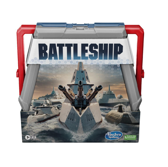 Battleship classic board game for kids ages 7 and up, featuring 2 portable battle cases, ships, pegs, and instructions for exciting naval combat for 2 players