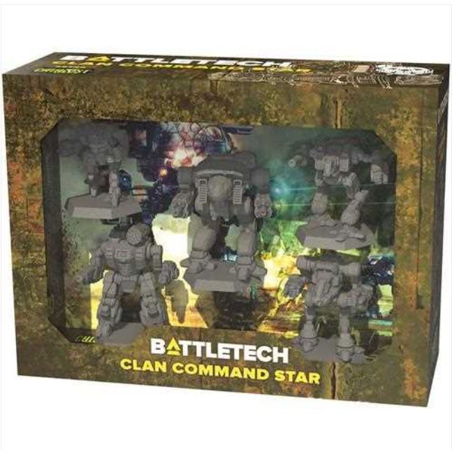 Battletech Clan Command Star toy set packaging with three robot figures.