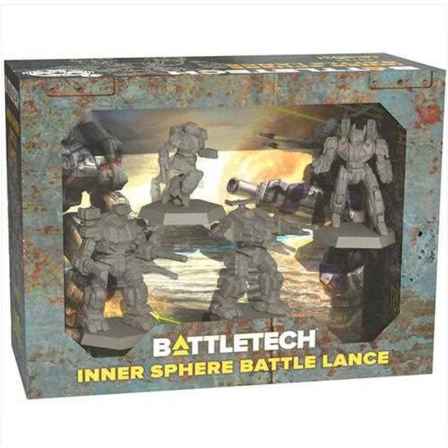Battletech: Inner Sphere Battle Lance. Battletech toy set packaging with figures and text on a textured background
