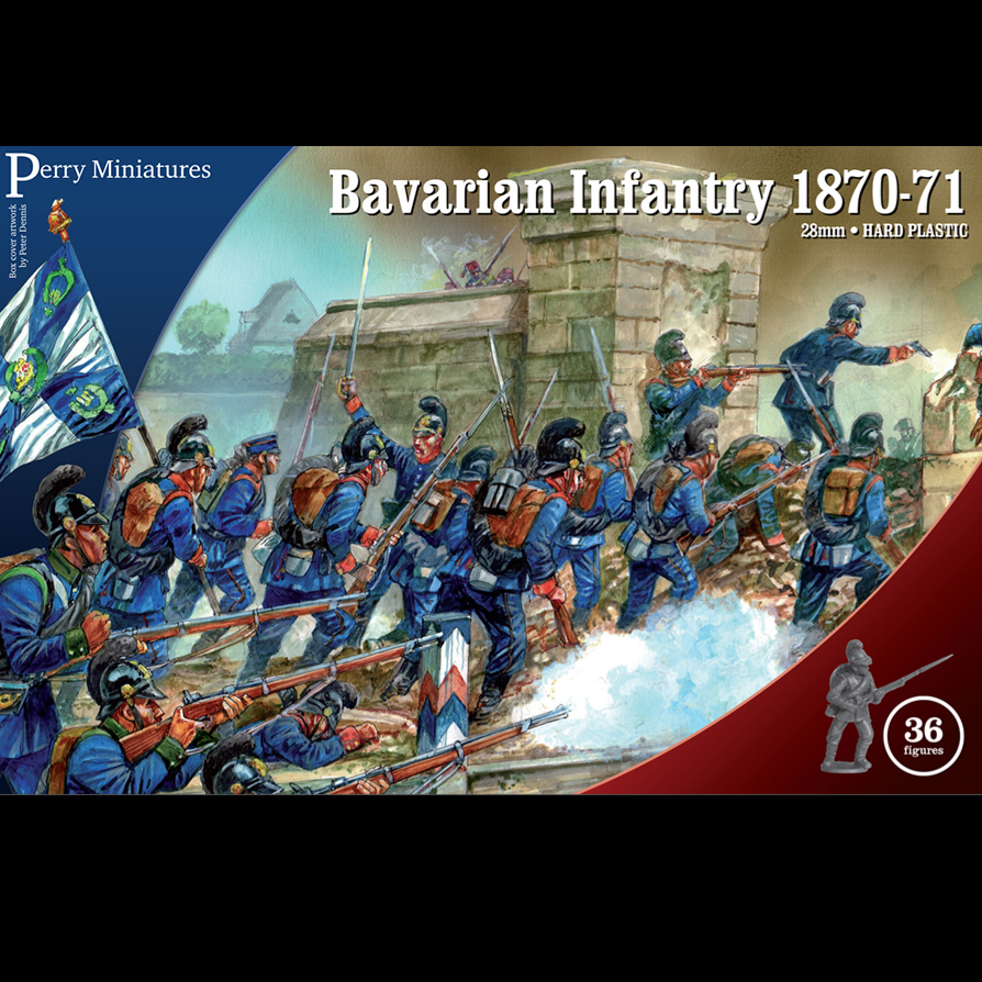 Bavarian Infantry 1870-71. A 28mm hard plastic miniature set featuring Bavarian Line infantry and Jäger/Schützen for the Franco-Prussian War.
