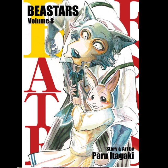 Beastars Vol. 8 By Paru Itagaki. Manga book cover of 'Beastars' Volume 8 with two anthropomorphic animal characters on a colorful background.