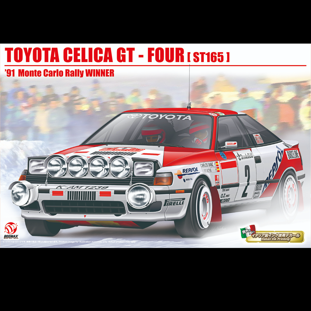 A boxed/model kit cover for a Toyota Celica GT - Four (ST165) 1991 Monte Carlo Rally Winner, featuring a red, white, and blue rally car with sponsor decals on a snowy track background. The box art includes the brand logo 'Arminex' in the bottom-left corner and a 'Made in Italy' label in the bottom-right. Beemax Toyota Celica GT-Four ST-165 1991 Monte Carlo Rally Winner 1:24 Scale Plastic Model Kit