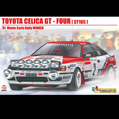 A boxed/model kit cover for a Toyota Celica GT - Four (ST165) 1991 Monte Carlo Rally Winner, featuring a red, white, and blue rally car with sponsor decals on a snowy track background. The box art includes the brand logo 'Arminex' in the bottom-left corner and a 'Made in Italy' label in the bottom-right. Beemax Toyota Celica GT-Four ST-165 1991 Monte Carlo Rally Winner 1:24 Scale Plastic Model Kit