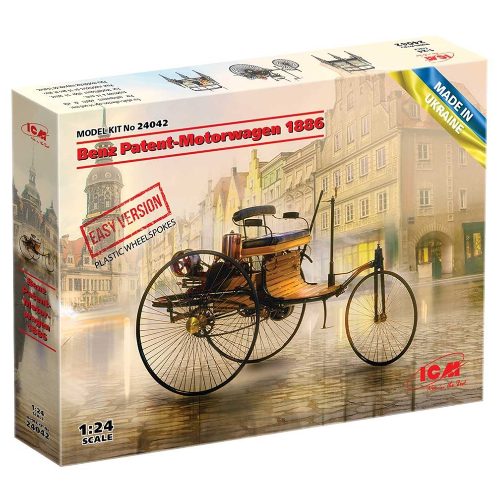 A boxed model kit for an 1886 Benz Patent-Motorwagen, shown at a three-quarter angle on a plain white background. The box features a printed illustration of the vintage car and includes branding for ICM and the brand name Deutz. Benz Patent-Motorwagen 1886 (Easy Version) - ICM 1:24 Model Kit
