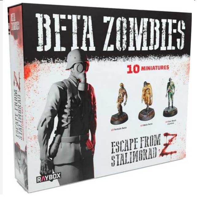 Beta Zombies Miniatures Set - Escape from Stalingrad Z. Box of Beta Zombies miniatures featuring a soldier and zombie figures, with 'Escape from Stalingrad' text.