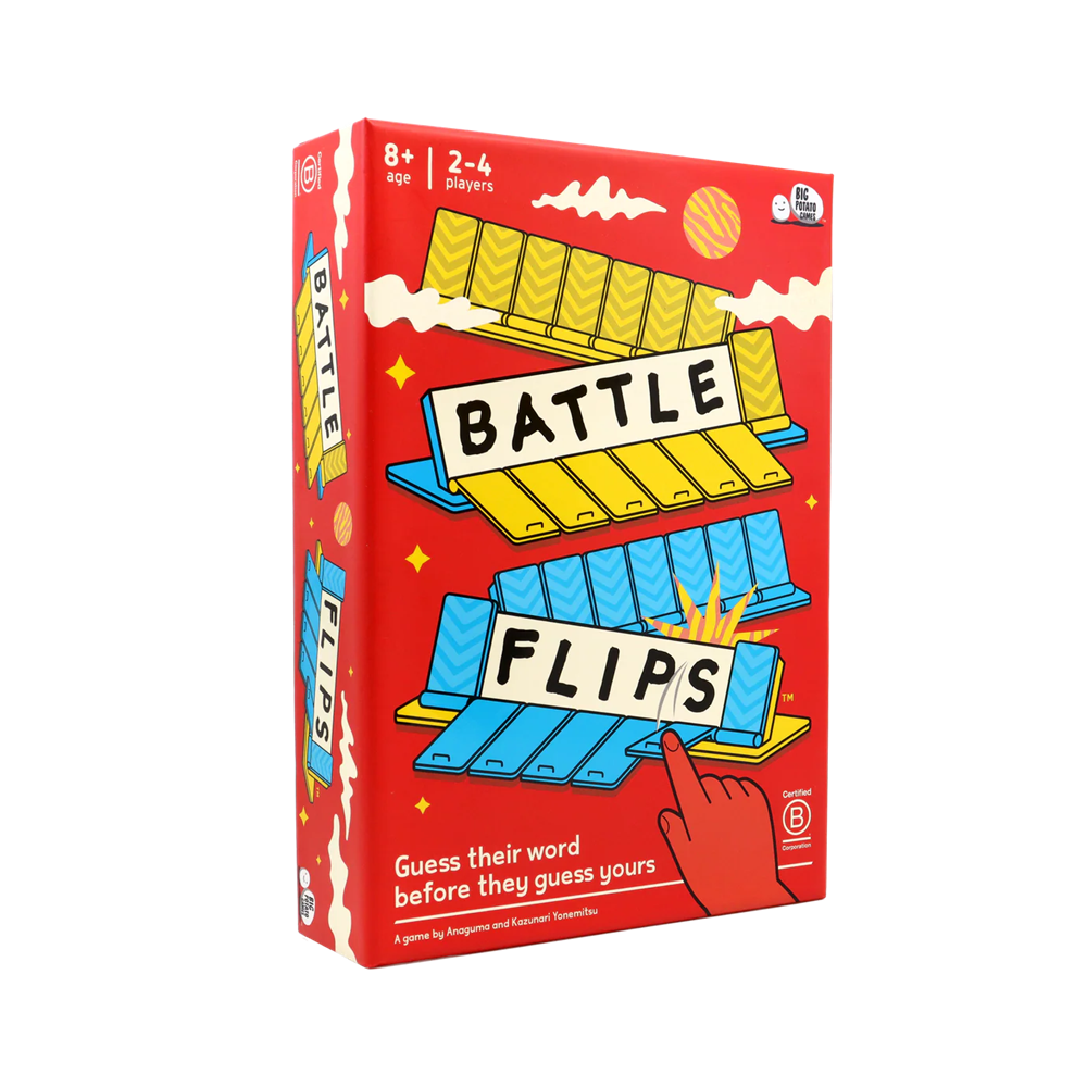 Battle Flips two player word game by Big Potato Games showing flip doors and letter guessing gameplay