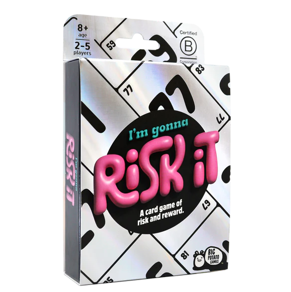 I’m Gonna Risk It card game by Big Potato Games showing cards used in a risk and reward family game