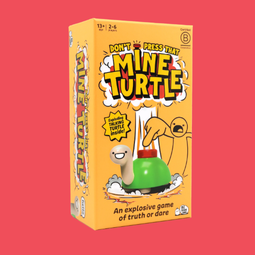 Mine Turtle party game by Big Potato Games showing the Mine Turtle device and challenge cards