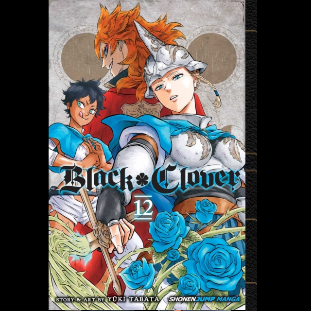 Manga book cover of 'Black Clover' with characters and blue roses on a gray background