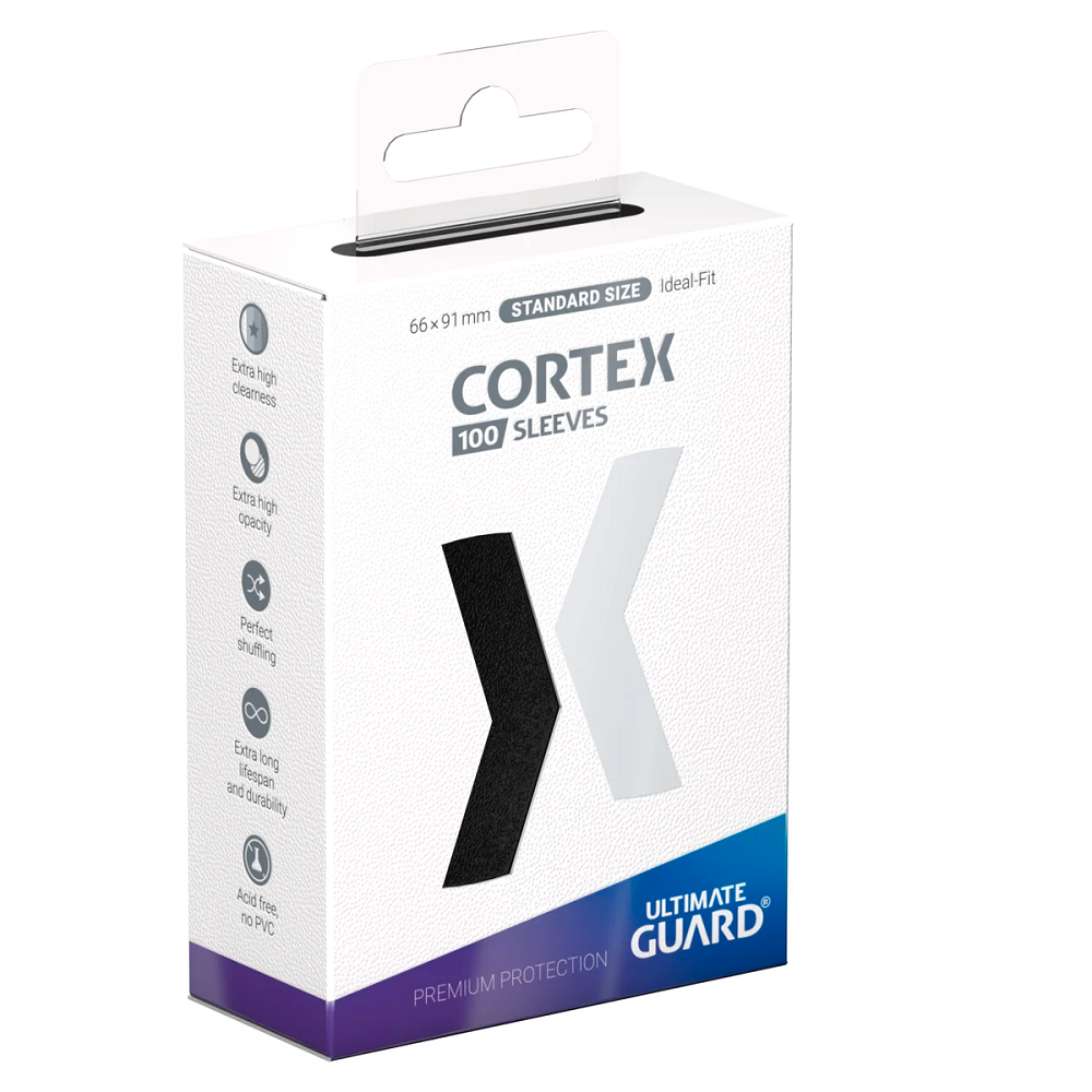 Black Cortex Sleeves Standard Size. Box of Cortex sleeves by Ultimate Guard on a white background