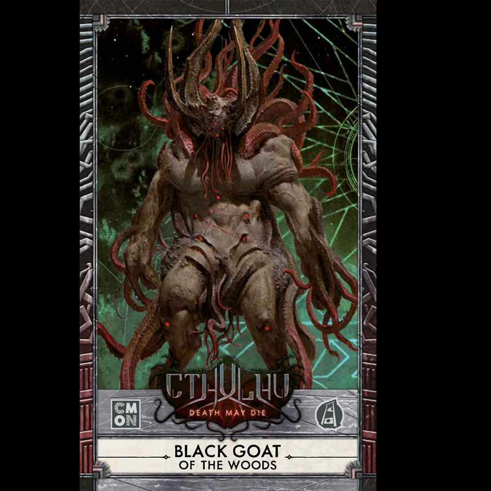 Cthulhu: Death May Die - Black Goat of the Woods Expansion. Features 7 miniatures and 13 cards. Introduces a new Elder One and Dark Young for thrilling gameplay.

