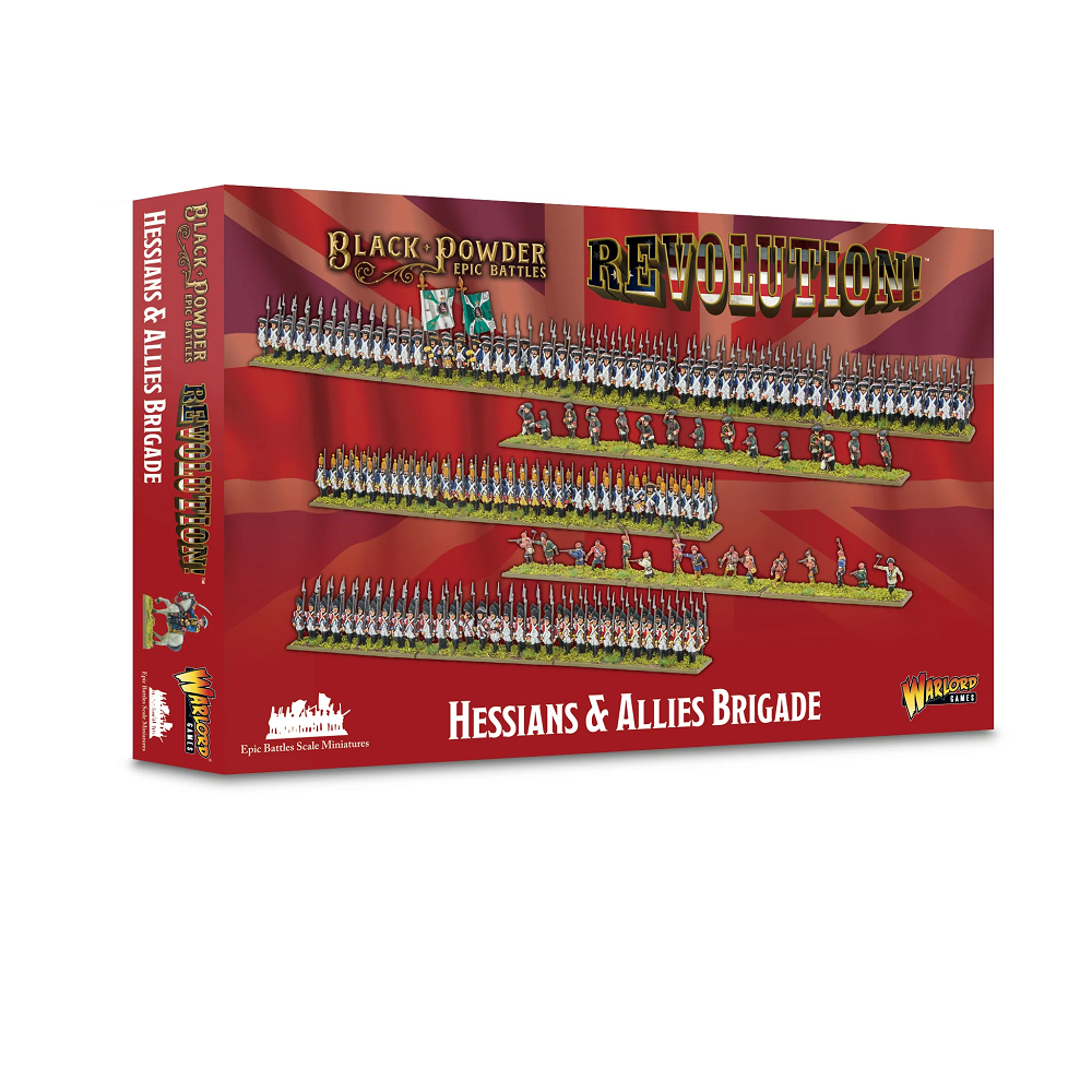 Boxed set containing unassembled and unpainted miniatures, including Hessian and British infantry, dragoons, and skirmishing units, along with bases and painting guides.