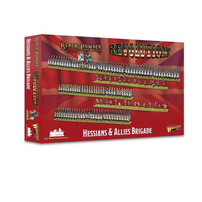 Boxed set containing unassembled and unpainted miniatures, including Hessian and British infantry, dragoons, and skirmishing units, along with bases and painting guides.