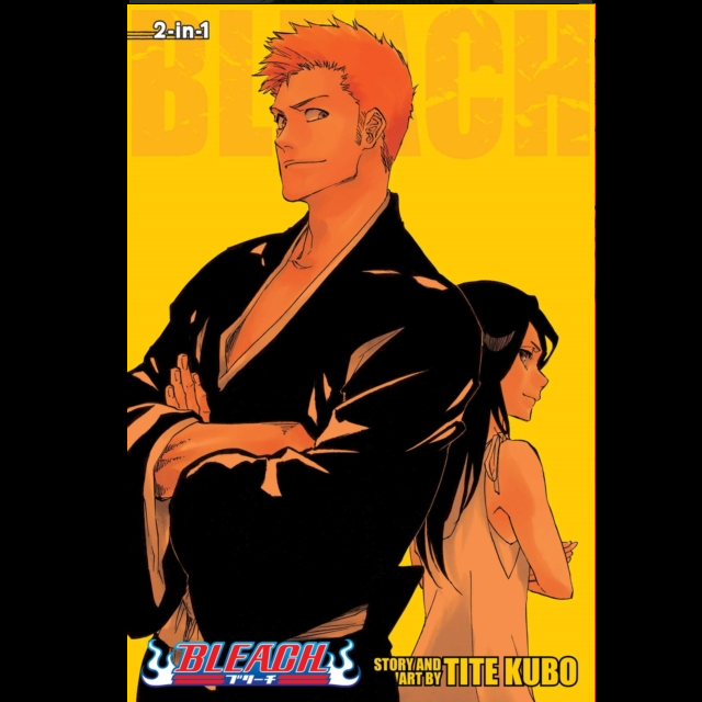 A vertically oriented anime-style art print featuring characters from Bleach: Ichigo Kuromaki in a black kimono against a bright yellow background, with a second female character behind him. The print includes the text '2-in-1', 'BLEACH THE', 'STORY AND ART BY TITE KUBO', and is shown cantered within black side margins. Bleach 2 in 1 Edition Vol. 25 (73 & 74) - Paperback Manga by Tite Kubo