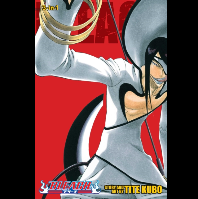 Bleach 3-in-1 volume 1-3 manga book cover featuring the character Ori as the central figure, wearing a white and black outfit with a large silver headpiece, set against a bold red background with the title '3-in-1' and Bleach branding. Bleach 3 in 1 Edition Vol. 11 (31,32 &33) - Paperback Manga by Tite Kubo