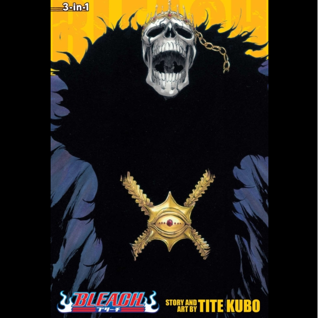 Bleach: 3-in-1 comic book cover featuring a large black figure with a skull on its head, blue-grey wings, and a gold cross-shaped emblem with an eye in the center. The Bleach logo appears at the bottom, with 'Story and Art by Tite Kubo' printed in yellow. Bleach 3 in 1 Edition Vol. 15 (43,44 &45) - Paperback Manga by Tite Kubo