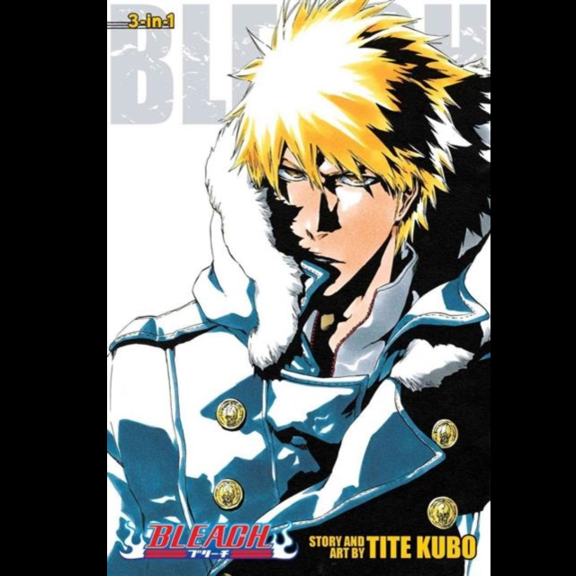 Bleach Volume 4 3-in-1 manga book cover featuring Tite Kubo's artwork of the character Ichigo Kurosaki in a blue and white coat with gold buttons, set against a white background with black borders. Bleach 3 in 1 Edition Vol. 17 (49,50 & 51) - Paperback Manga by Tite Kubo