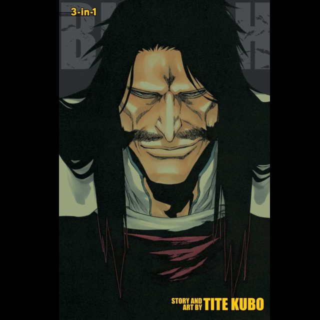 A stylized illustrated cover featuring a close-up portrait of a man with long black hair, a moustache, and a bandaged neck, with the text '3-in-1' at the top and 'STORY AND ART BY TITE KUBO' at the bottom. Bleach 3 in 1 Edition Vol. 19 (55,56 & 57) - Paperback Manga by Tite Kubo