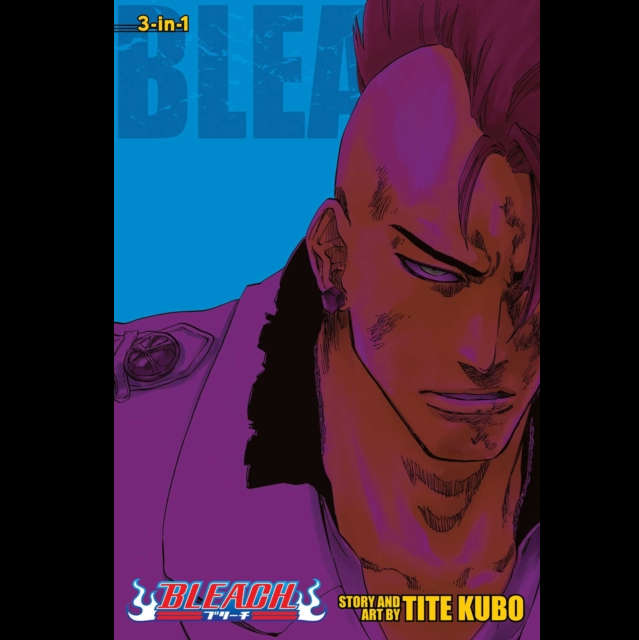 A stylized anime cover or poster featuring a close-up portrait of a bald man with a mohawk, rendered in vivid purple, pink, and blue tones. The word BLEACH appears at the top, and the Bleach logo with Tite Kubo credit appears at the bottom. Bleach 3 in 1 Edition Vol. 23 (67,68&69) - Paperback Manga by Tite Kubo