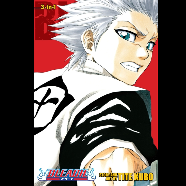 Bleach manga cover featuring Tite Kubo's character Otonashi with white hair, blue eyes, and a black-and-white striped shirt against a red background, with '3-in-1' and 'BLEACH' text visible. Bleach 3 in 1 Edition Vol. 6